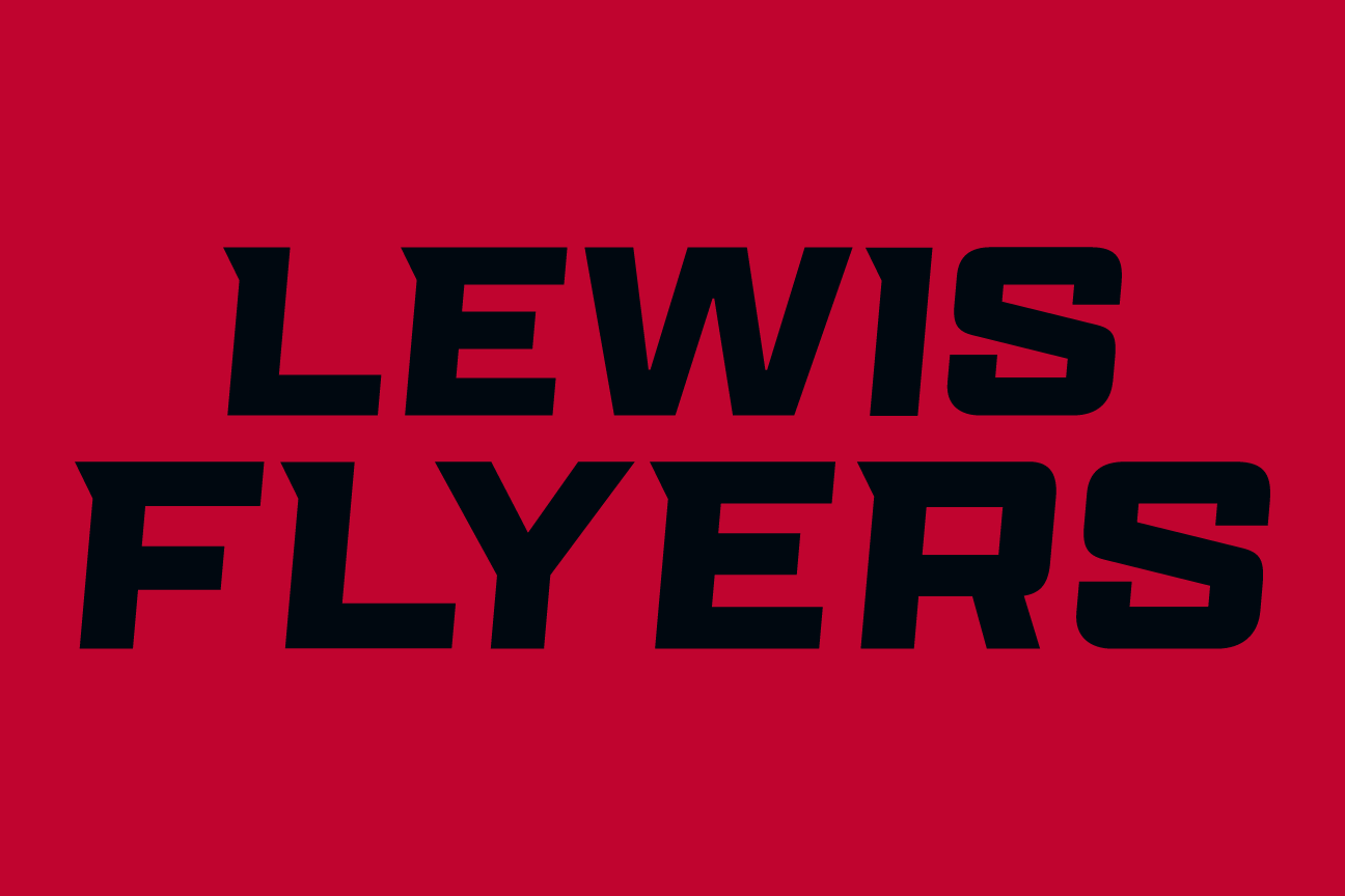 LEWIS FLYERS wordmark, stacked black on red variant, cell 52