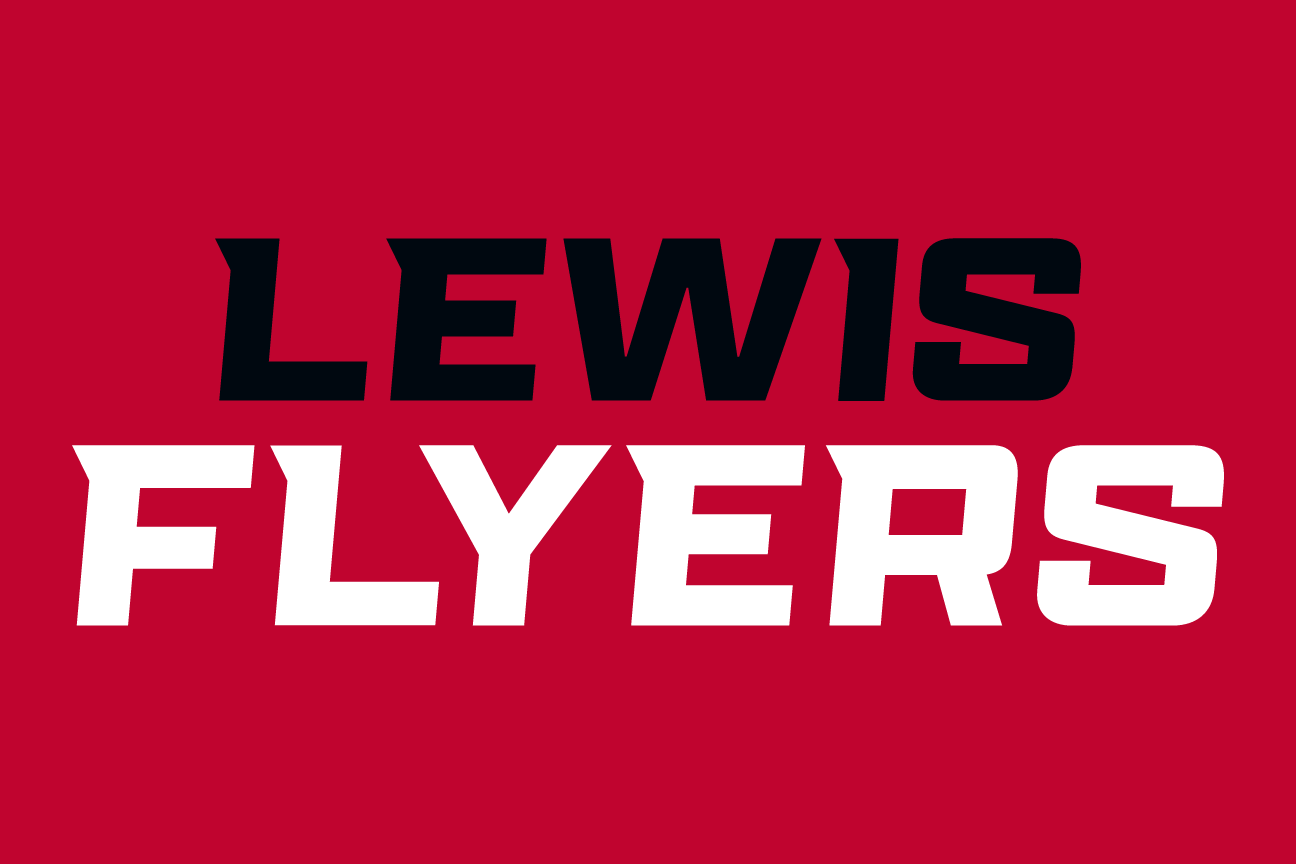 LEWIS FLYERS wordmark, stacked black and white on red variant, cell 55
