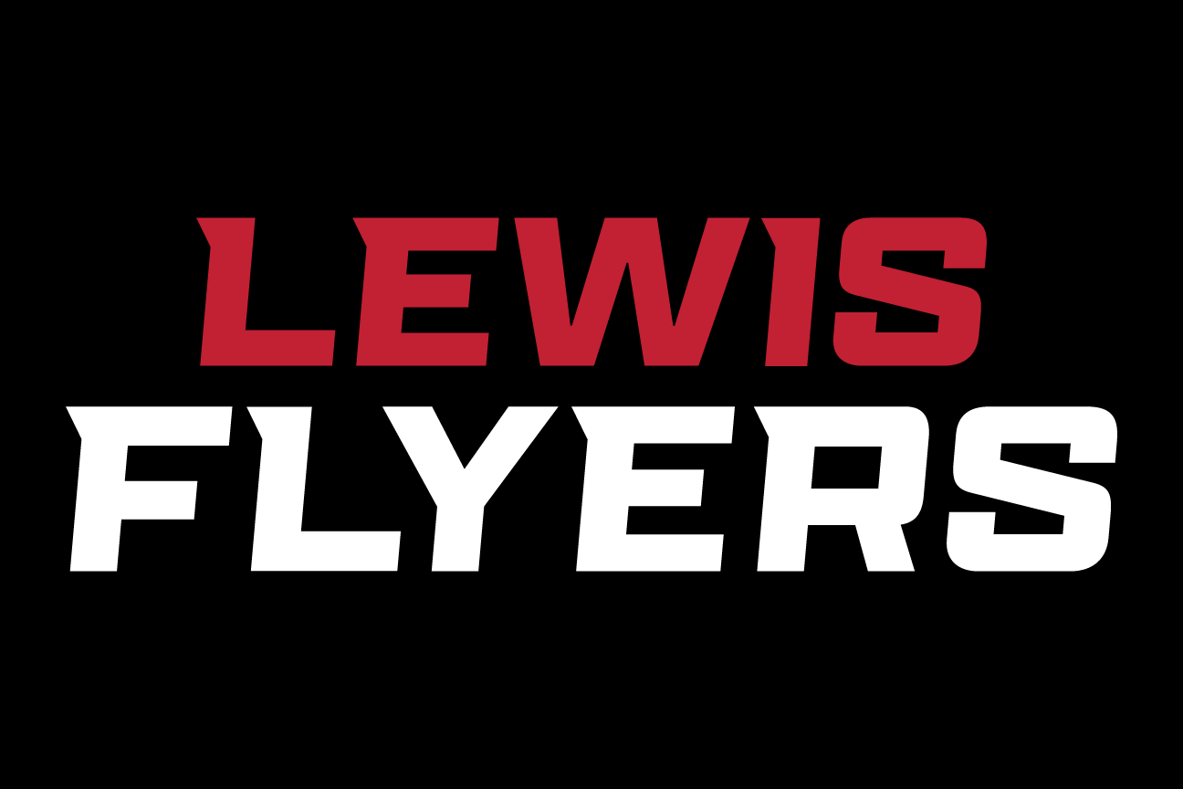 LEWIS FLYERS wordmark, stacked white and red on black variant, cell 56