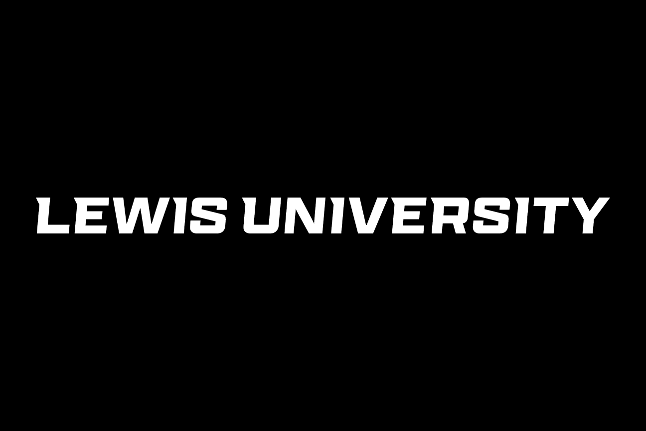 LEWIS UNIVERSITY wordmark, white on black variant, cell 59