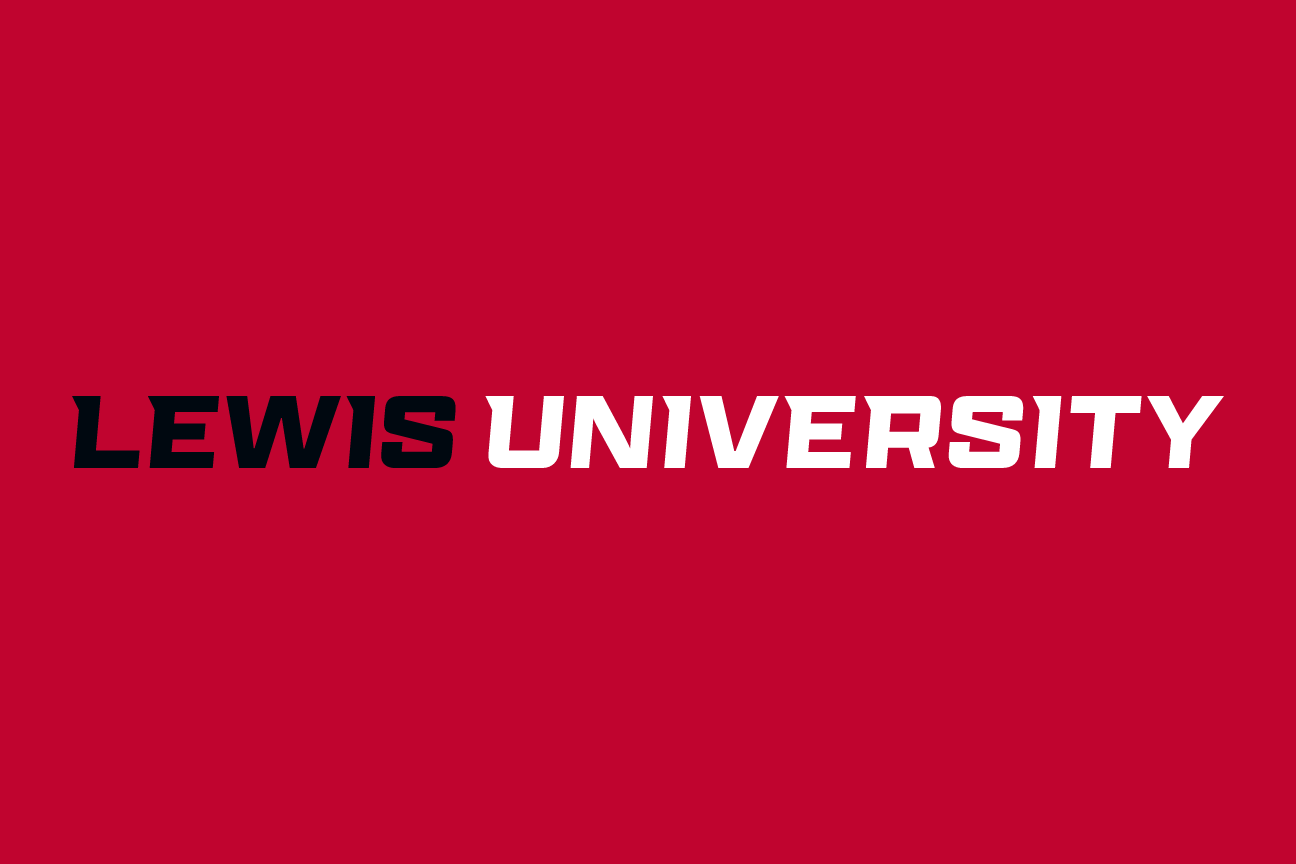 LEWIS UNIVERSITY wordmark, black and white on red variant, cell 61