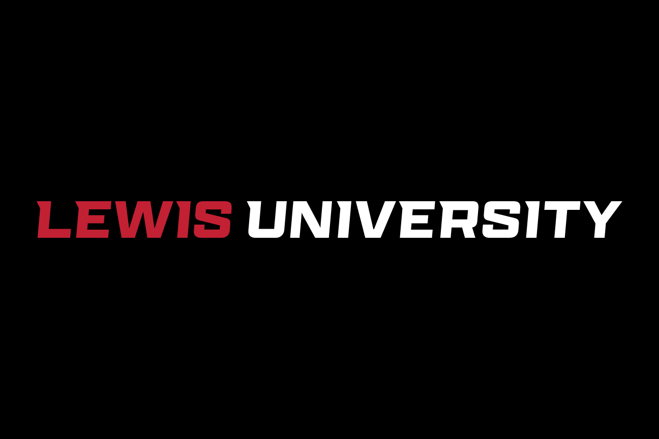 LEWIS UNIVERSITY wordmark, white and red on black variant, cell 62