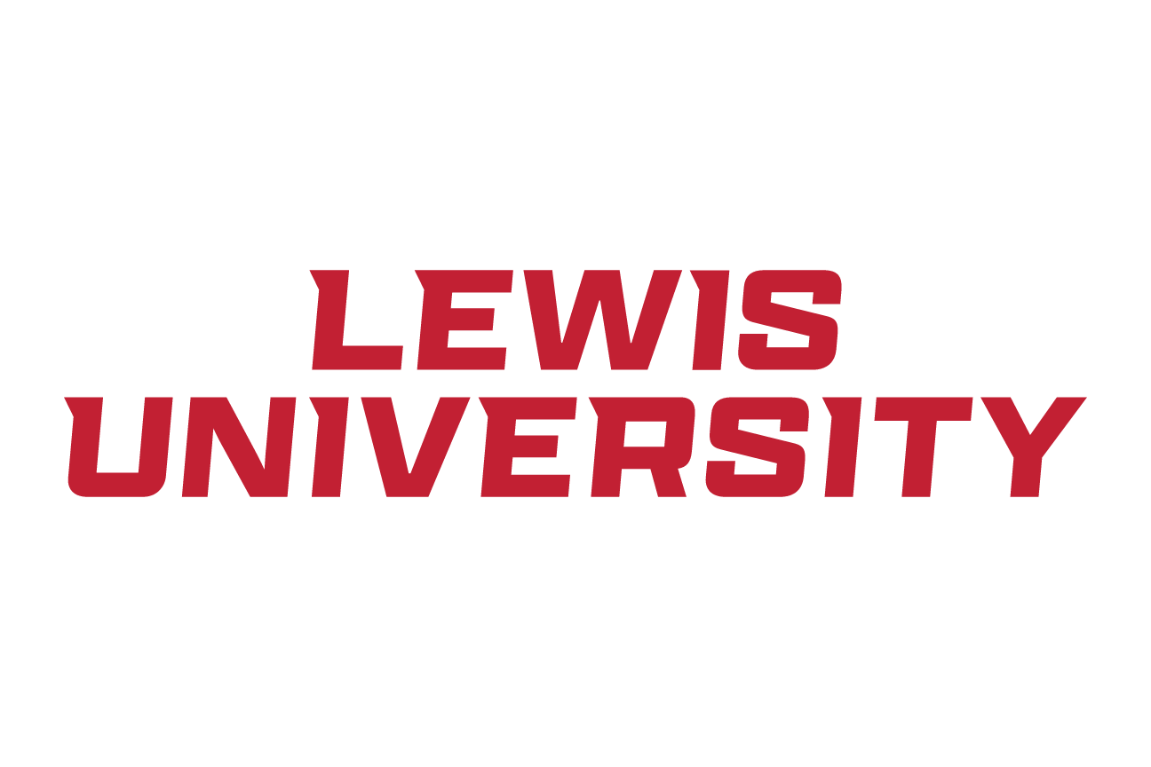 LEWIS UNIVERSITY wordmark, stacked red variant, cell 63