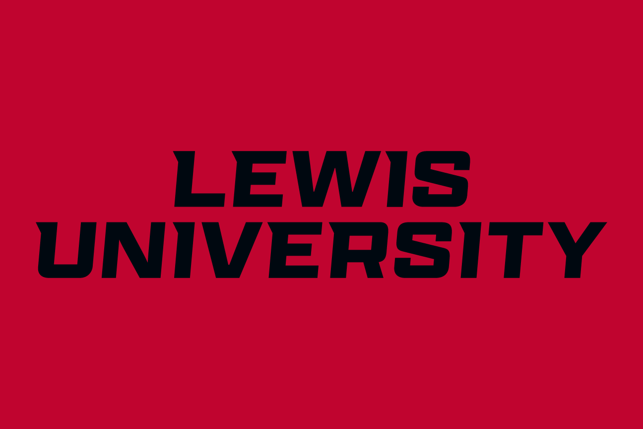 LEWIS UNIVERSITY wordmark, stacked black on red variant, cell 64