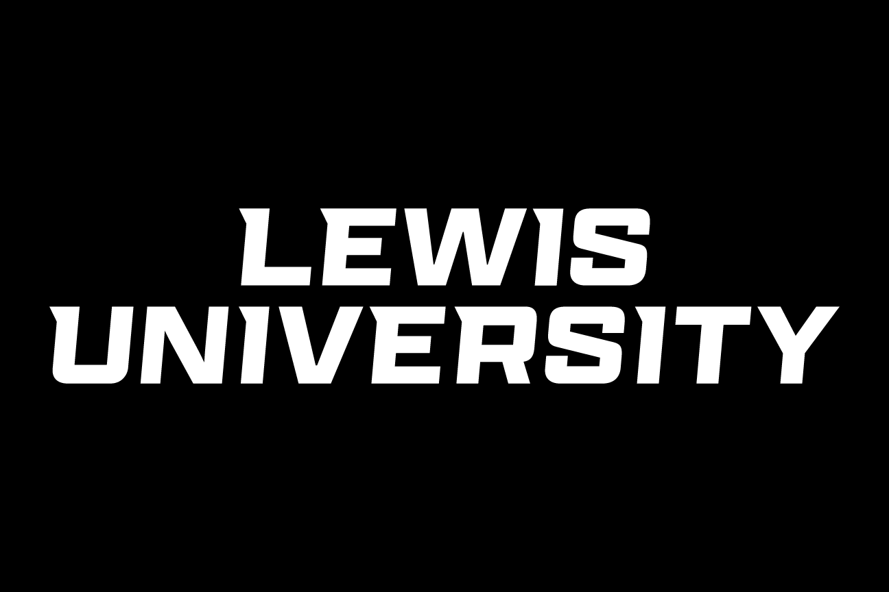 LEWIS UNIVERSITY wordmark, stacked white on black variant, cell 65