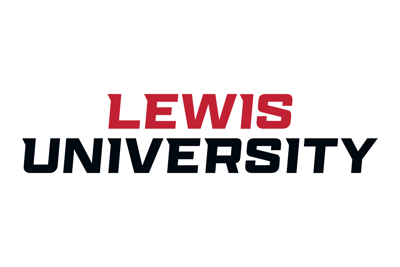LEWIS UNIVERSITY wordmark, stacked red and black variant, cell 66