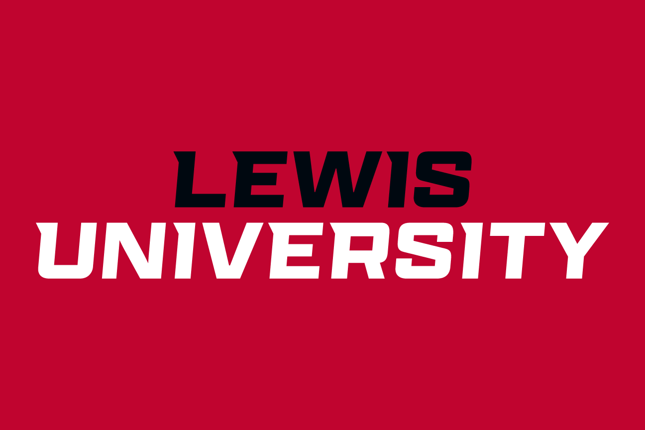 LEWIS UNIVERSITY wordmark, stacked black and white on red variant, cell 67
