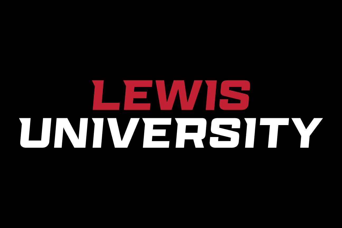 LEWIS UNIVERSITY wordmark, stacked white and red on black variant, cell 68