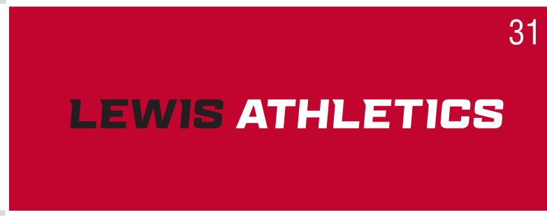 Lewis Athletics wordmark, white/black on red variant, cell 31