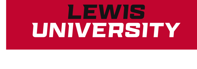 LEWIS UNIVERSITY wordmark, stacked black and white on red variant, cell 67