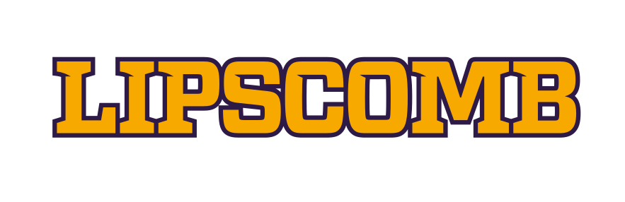 LIPSCOMB wordmark, gold with purple outline variant, cell 1