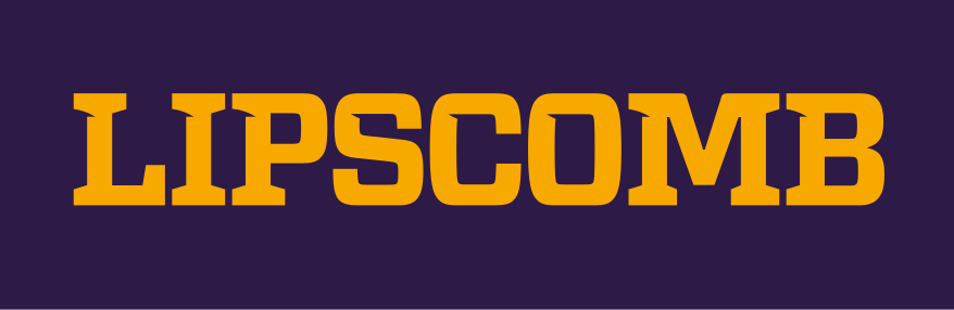 LIPSCOMB wordmark, gold with purple outline on purple variant, cell 5
