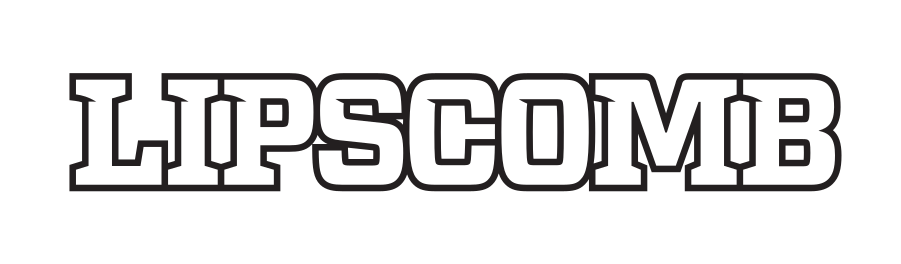LIPSCOMB wordmark, white with black outline variant, cell 8