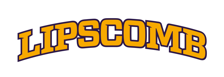 LIPSCOMB arched wordmark, gold with purple outline variant, cell 9
