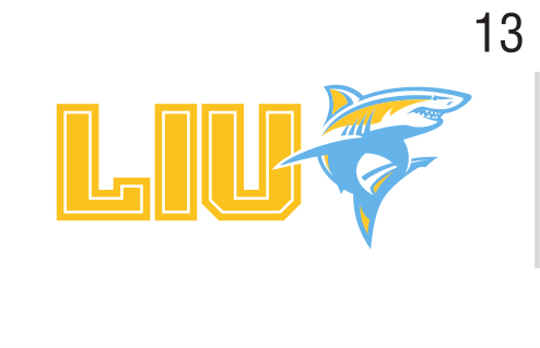 LIU wordmark with shark mascot, gold/blue variant, cell 13