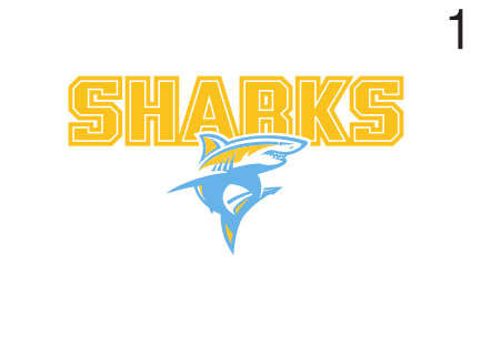 SHARKS wordmark with shark mascot, gold/blue variant, cell 15