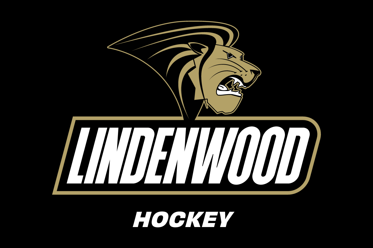 Lindenwood mascot and wordmark with sport name, Hockey, reverse variant, cell 96