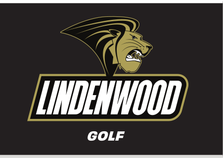Lindenwood mascot and wordmark with sport name, Golf, reverse variant, cell 92