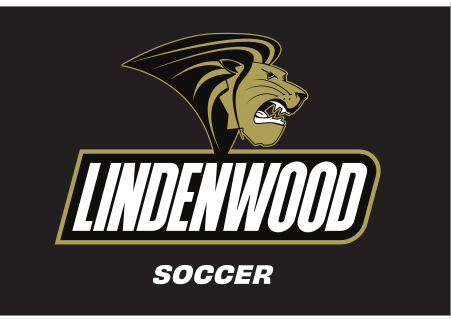 Lindenwood mascot and wordmark with sport name, Soccer, reverse variant, cell 120