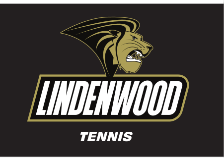 Lindenwood mascot and wordmark with sport name, Tennis, reverse variant, cell 128