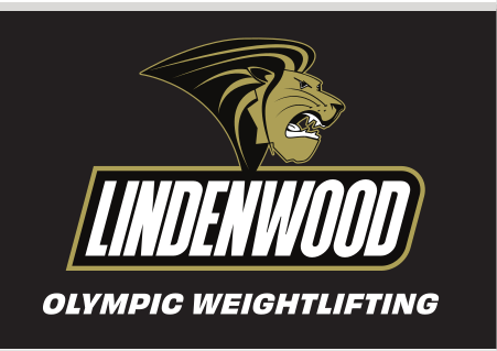 Lindenwood mascot and wordmark with sport name, Olympic Weightlifting, reverse variant, cell 104