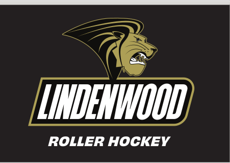 Lindenwood mascot and wordmark with sport name, Roller Hockey, reverse variant, cell 108