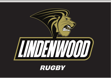 Lindenwood mascot and wordmark with sport name, Rugby, reverse variant, cell 112