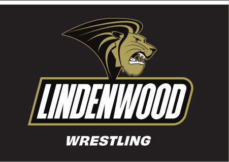Lindenwood mascot and wordmark with sport name, Wrestling, reverse variant, cell 140