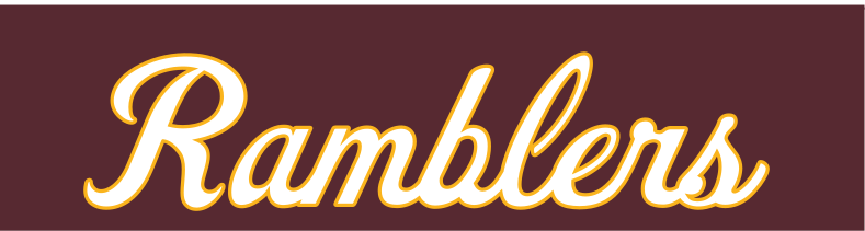 Ramblers script wordmark, gold and white on maroon variant, cell 13