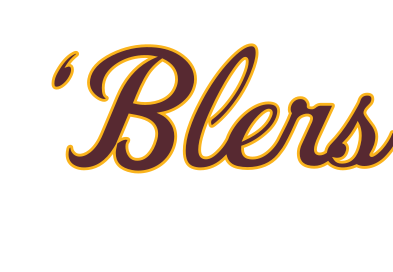 'Blers script wordmark, gold and white on white variant, cell 18