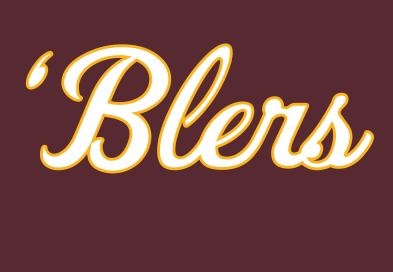'Blers script wordmark, gold and white on maroon variant, cell 19