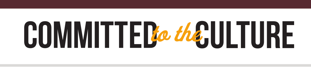 Committed to the Culture wordmark, black and gold variant, cell 28