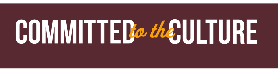 Committed to the Culture wordmark, white and gold on maroon variant, cell 30