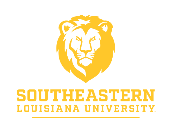 Lion head with Southeastern Louisiana University wordmark, gold, vertical variant, cell 25