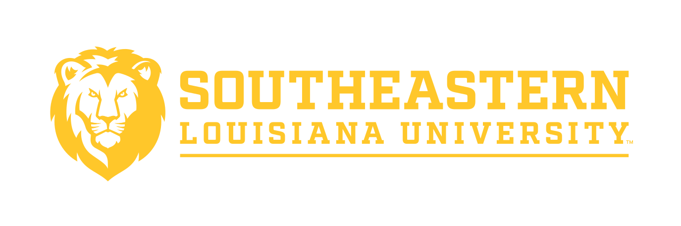Lion head with Southeastern Louisiana University wordmark, gold, horizontal variant, cell 26
