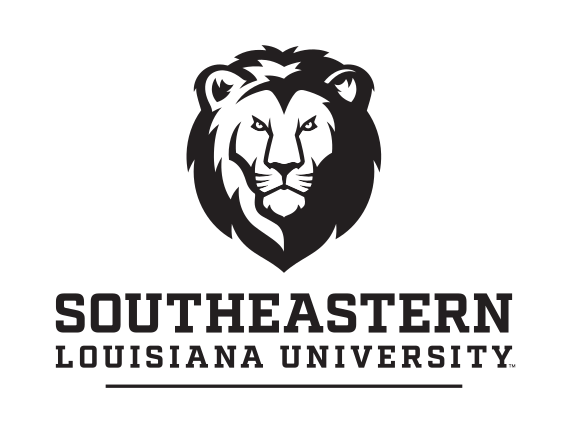 Lion head with Southeastern Louisiana University wordmark, black, vertical variant, cell 30