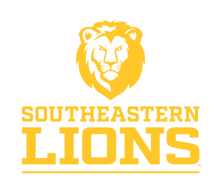 Lion head with Southeastern Lions wordmark, gold, vertical variant, cell 27