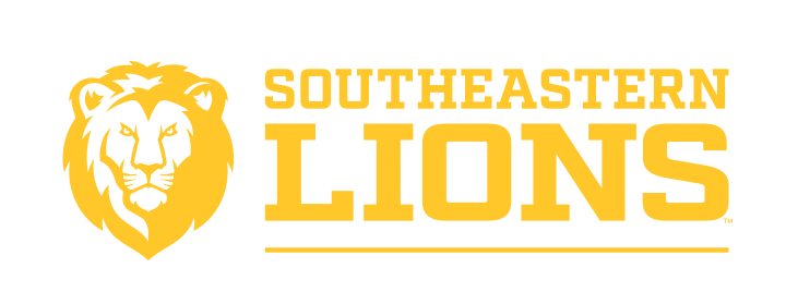 Lion head with Southeastern Lions wordmark, gold, horizontal variant, cell 28
