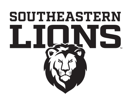 Lion head with Southeastern Lions wordmark, black, stacked variant, cell 34