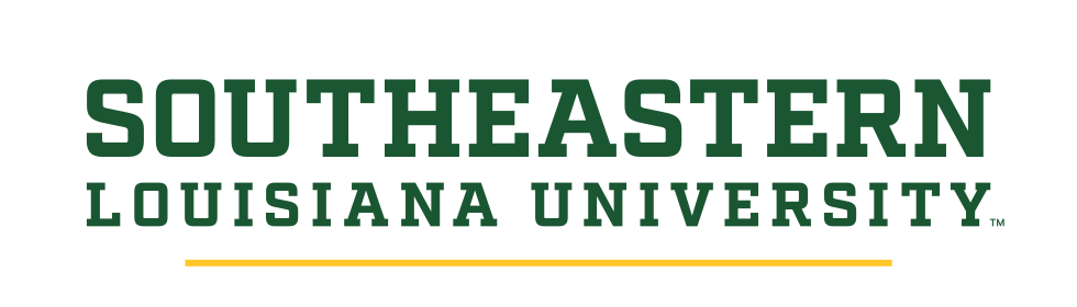 Southeastern Louisiana University wordmark, green/gold, 2-line variant, cell 42