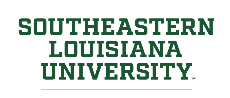 Southeastern Louisiana University wordmark, green/gold, 3-line variant, cell 43