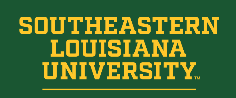 Southeastern Louisiana University wordmark, stacked slab-serif gold on green variant, cell 49