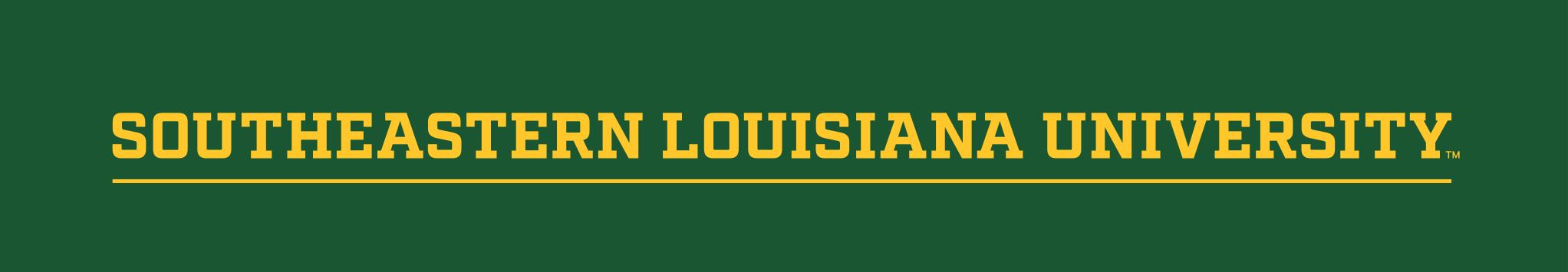 Southeastern Louisiana University wordmark, horizontal sans-serif gold on green variant, cell 50