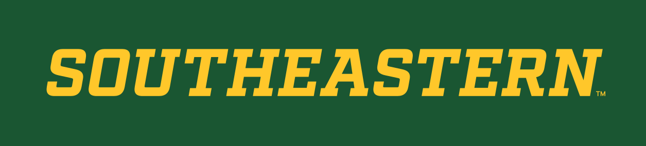 Southeastern wordmark, italic slab-serif gold on green variant, cell 51