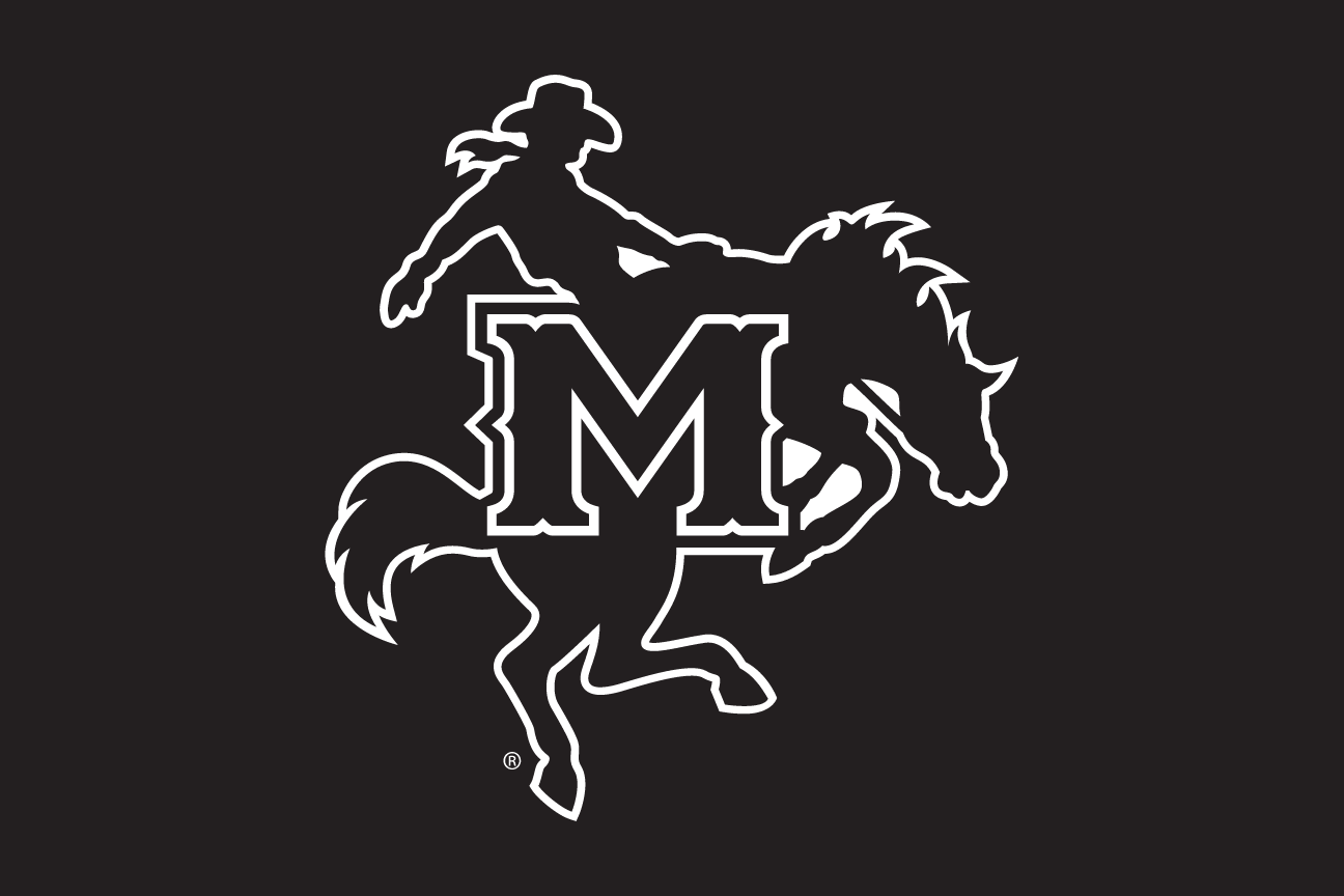mascot on letter M, white outline on navy variant, cell 8