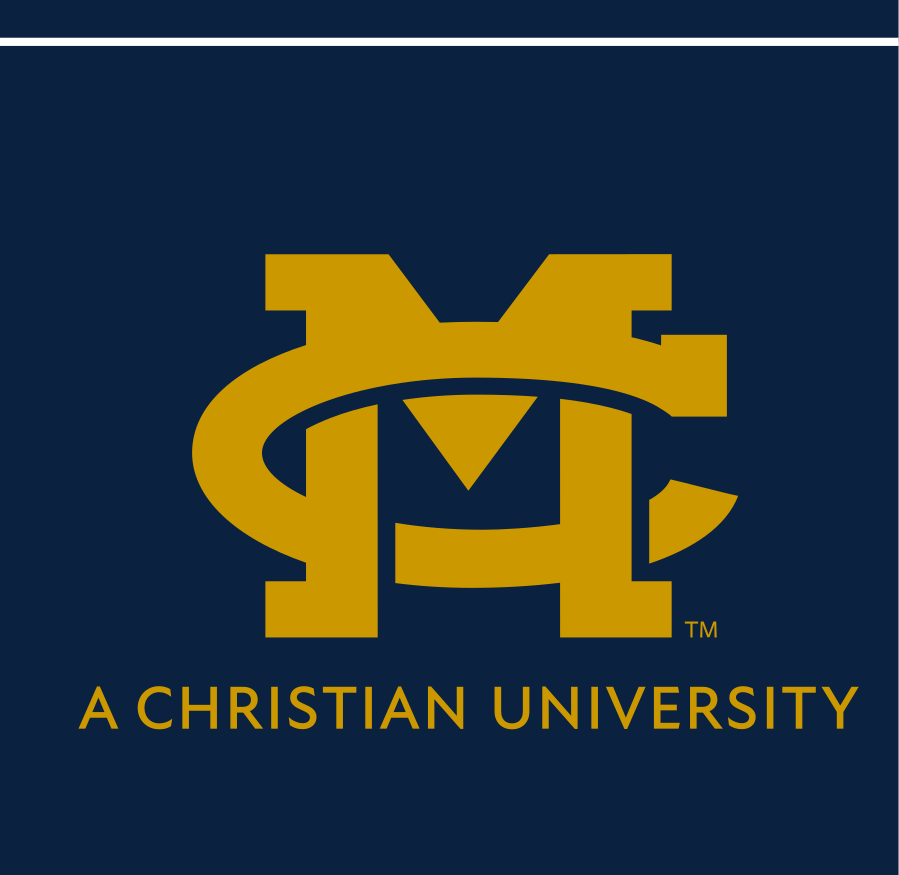 MC lettermark with tagline, gold with navy outline variant, cell 8