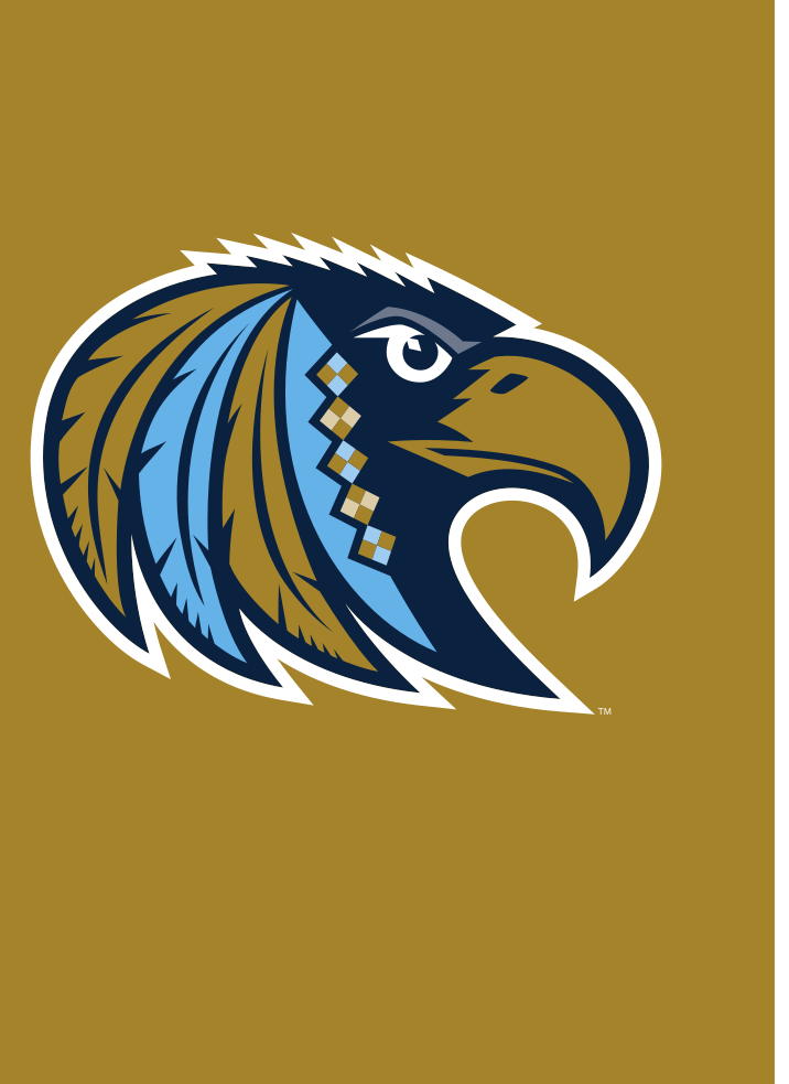 Choctaw mascot head, metallic gold on light blue variant, cell 65