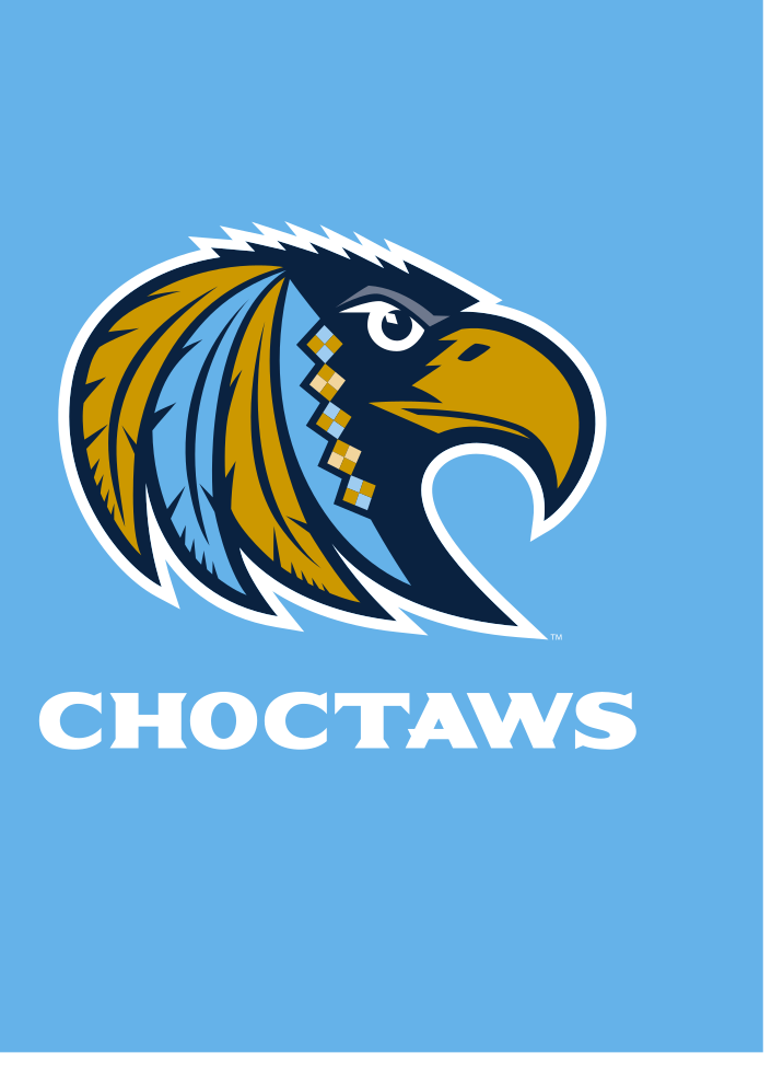 Choctaw mascot lockup, full color on light blue variant, cell 62