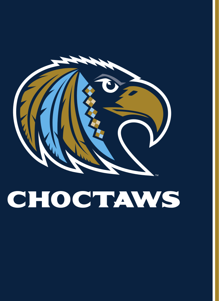 Choctaw mascot lockup, metallic gold on navy variant, cell 67