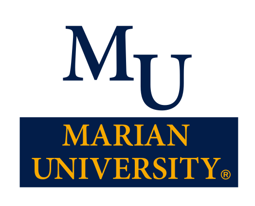 MU Marian University boxed lockup, blue/gold variant, cell 9